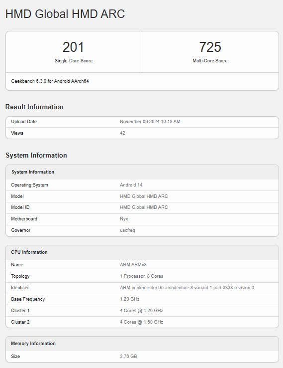 HMD ARC现身Geekbench跑分平台 部分核心参数曝光